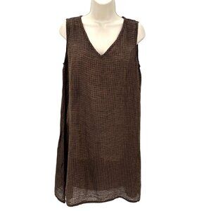 NWOT Flax Womens 100% Linen Sleeveless Brown Plaid V Neck Tunic Dress Size S